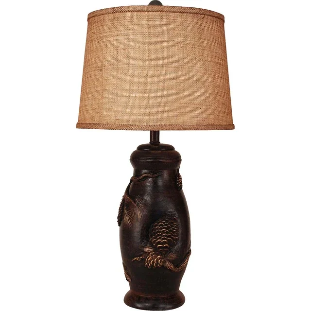 Burnt Sienna Pine Cone Table Lamp- Burlap Shade