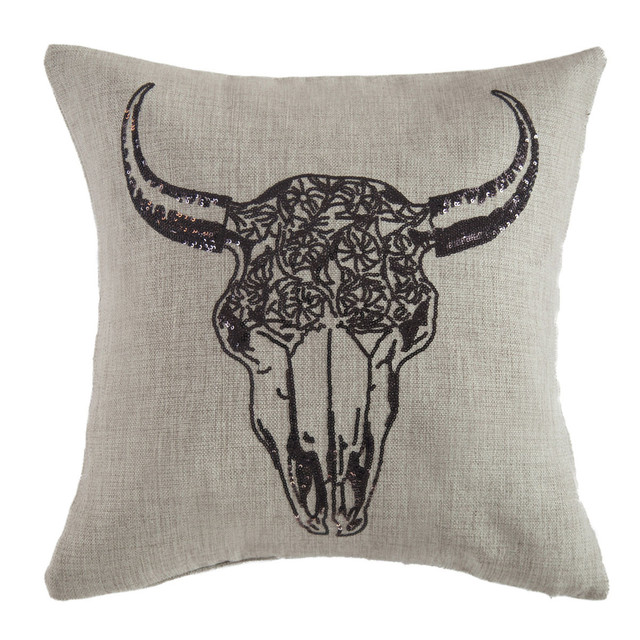 Sequin Floral Skull Pillow