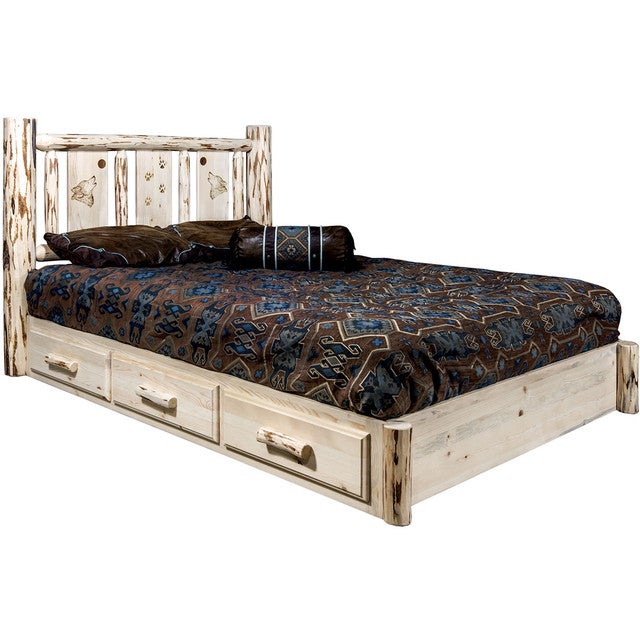 Ranchman's Platform Bed with Storage & Laser-Engraved Wolf Design
