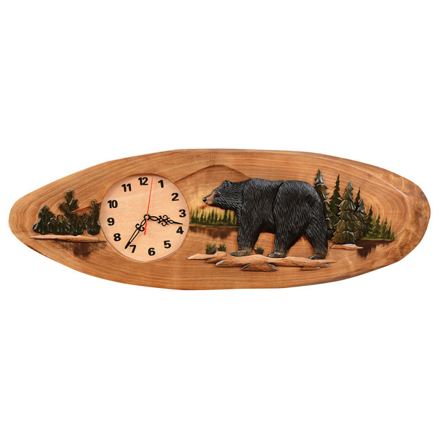 Wood Carved Walking Bear Wall Clock