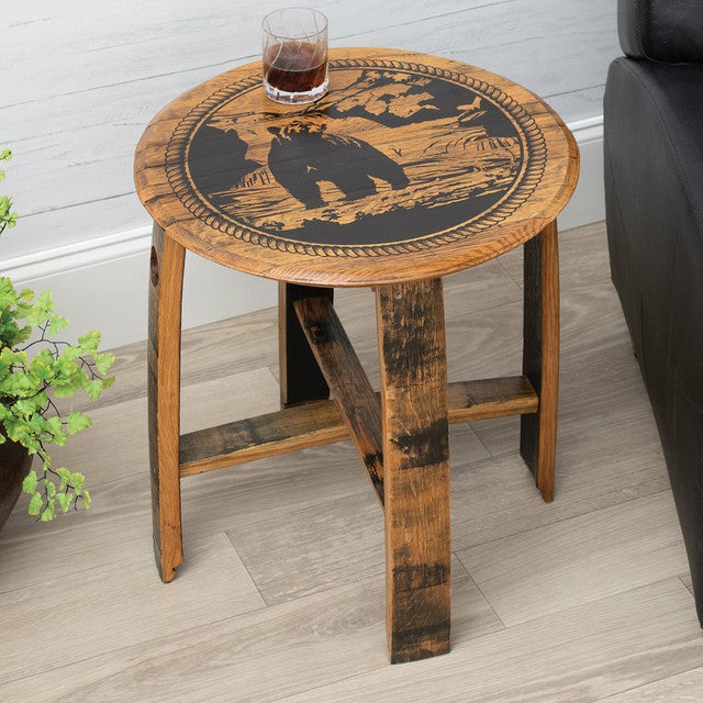 Mountain Bear Whiskey Barrel End Table