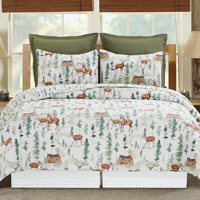 Wood Cabin Deer Quilt Bed Set - King