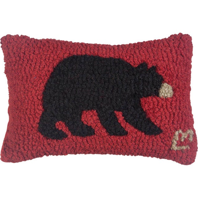 Black Bear on Red Hooked Wool Pillow