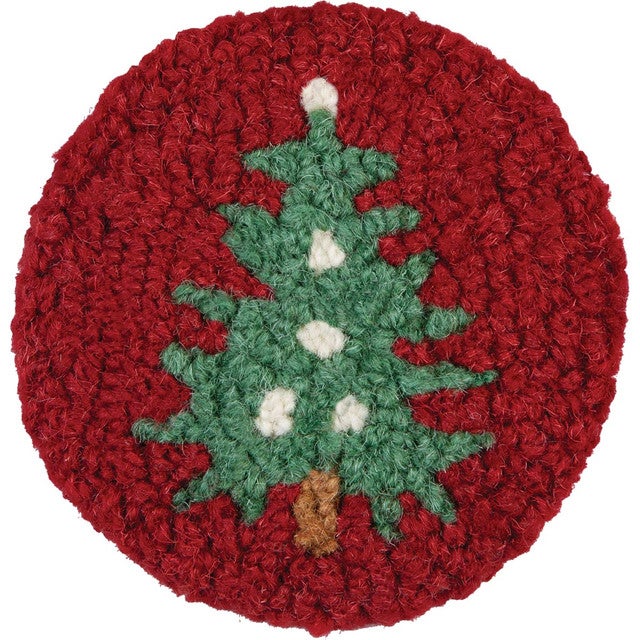 Christmas Tree on Red Hooked Wool Coasters - Set of 4