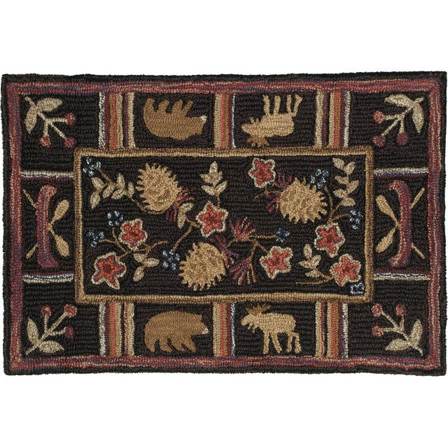 Canoe Bear & Moose Hooked Wool Rug