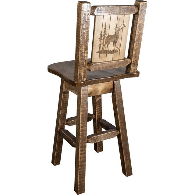 Denver Swivel Barstool with Engraved Elk Back - Stained & Lacquered