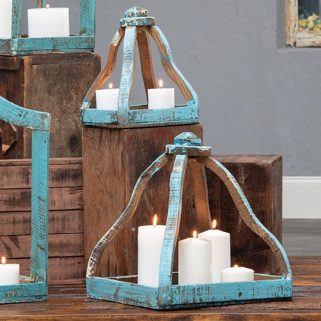Mission Bell Turquoise Candle Lanterns - Set of 2