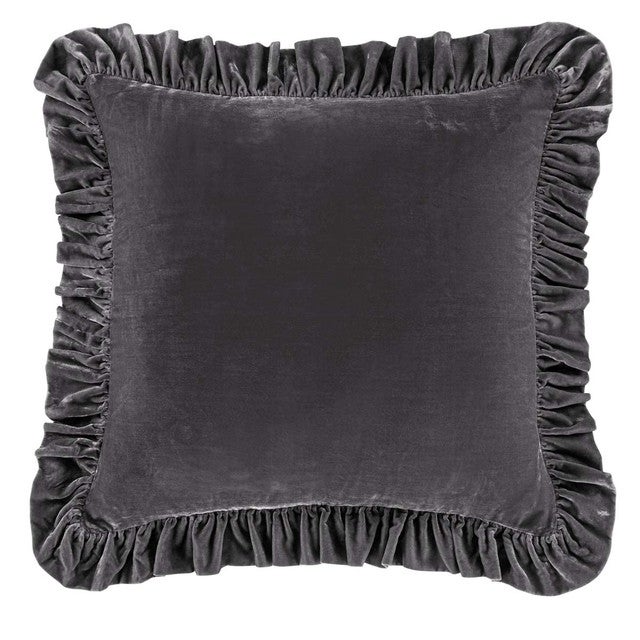 Azure Gray Velvet Ruffled Square Euro Sham