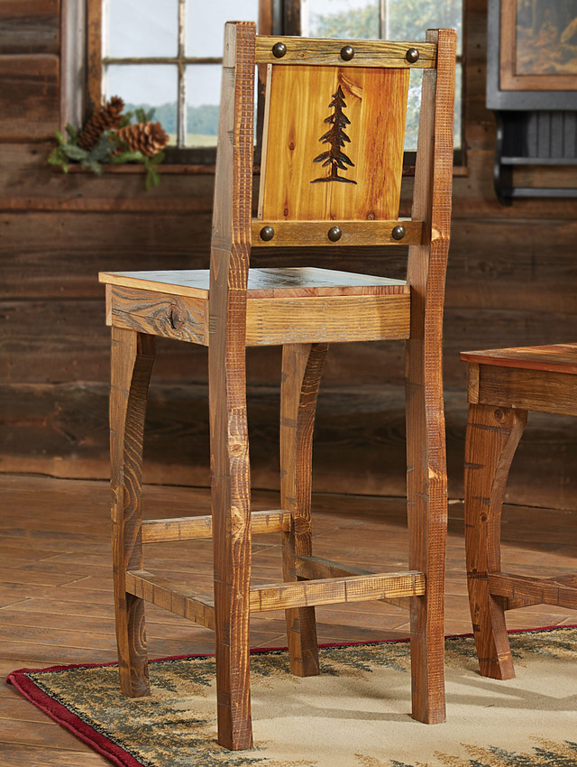 Barnwood Barstool with Carved Tree - Bar Height