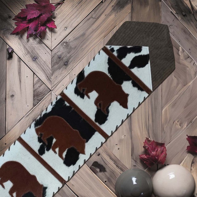 Fringed Roaming Brown Bears Leather Table Runner - 96 Inch