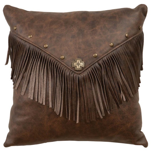 Brown Leather Fringed Concho Pillow with Fabric Back