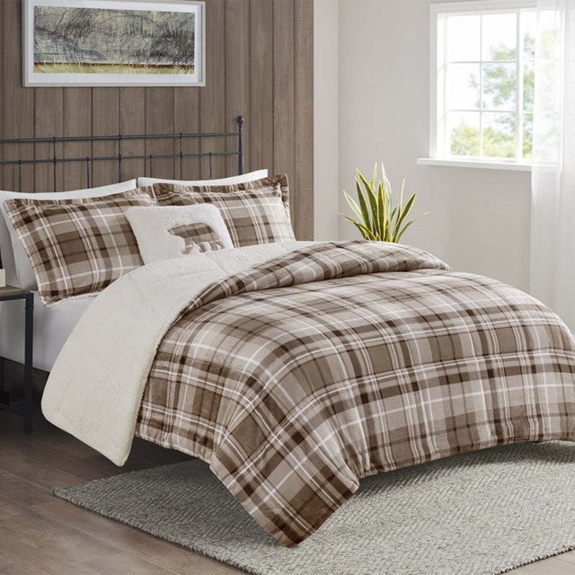 Tan Plaid Sherpa Comforter Set - Full/Queen