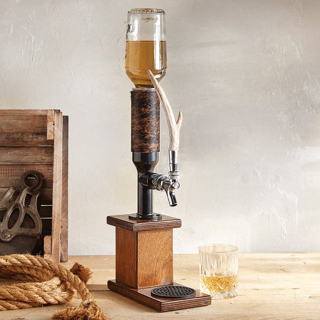 Single Whiskey Tower with Brindle Cowhide & Antler Tap