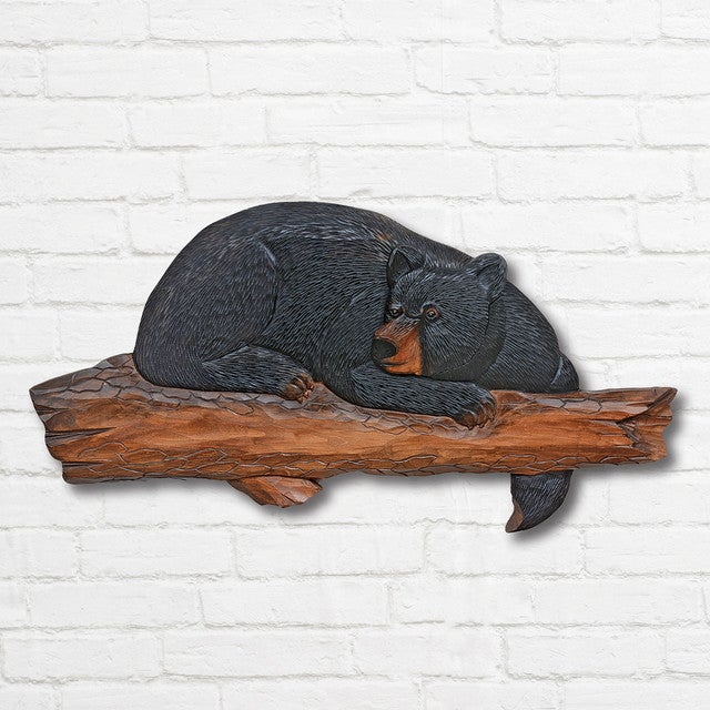 Bear on Branch Carved Wood Wall Art