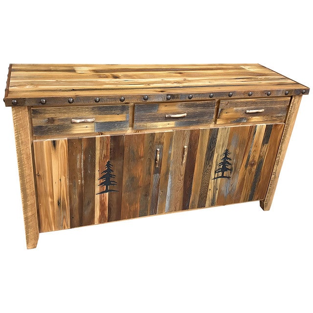 Barnwood Buffet w/Tree Carvings - 65 Inch - CLEARANCE
