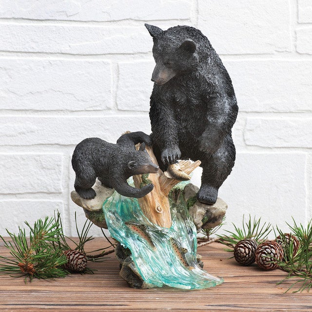 Black Bear Teaching Cub To Fish Sculpture