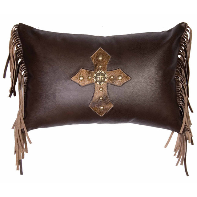 Coffee Leather Fringed Pillow with Hair on Hide Concho Cross