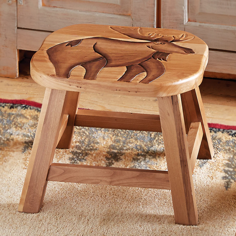 Hand Carved Wood Moose Footstool