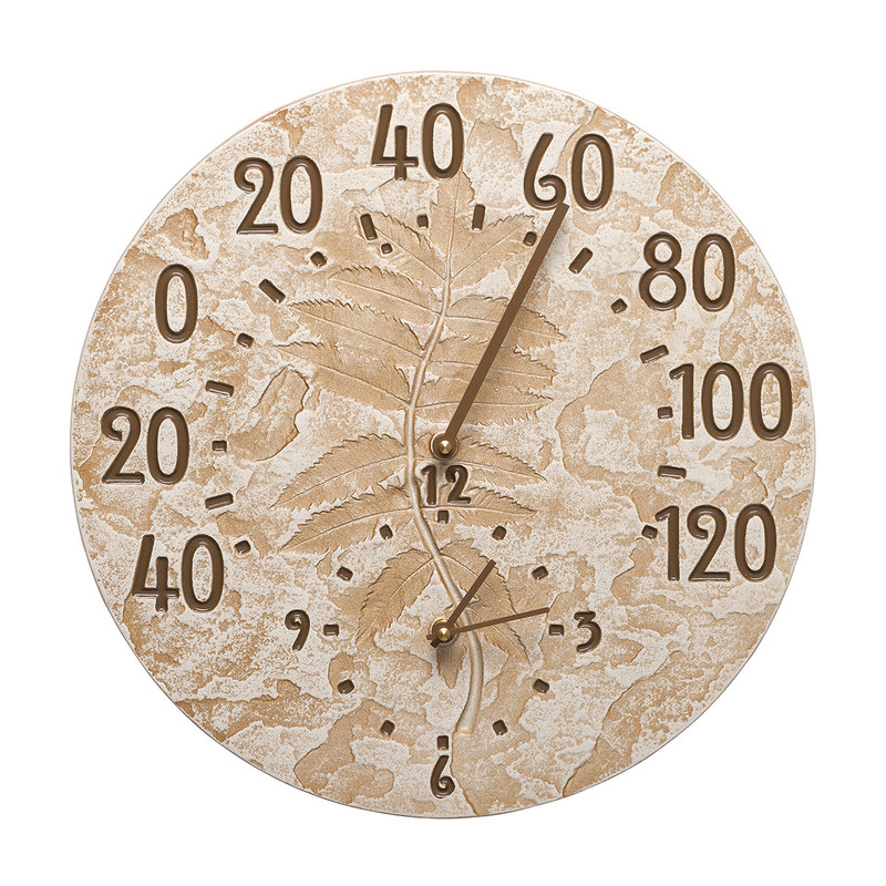 Leaves Indoor/Outdoor Wall Clock & Thermometer - Weathered Limestone