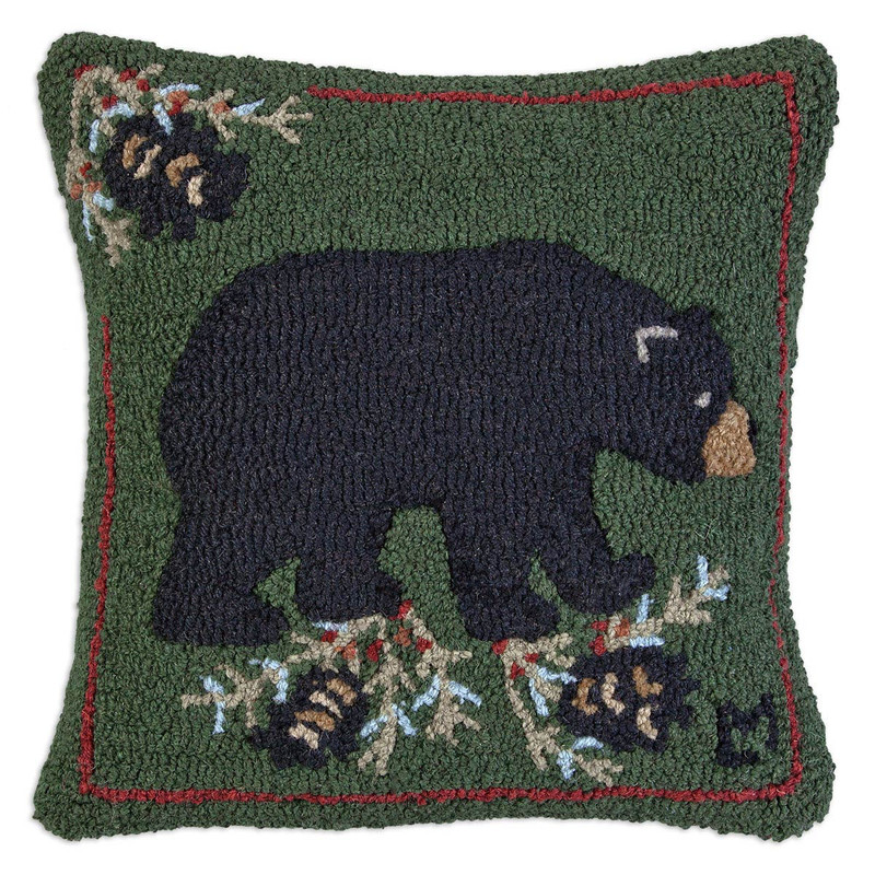 Single Black Bear Hooked Wool Pillow