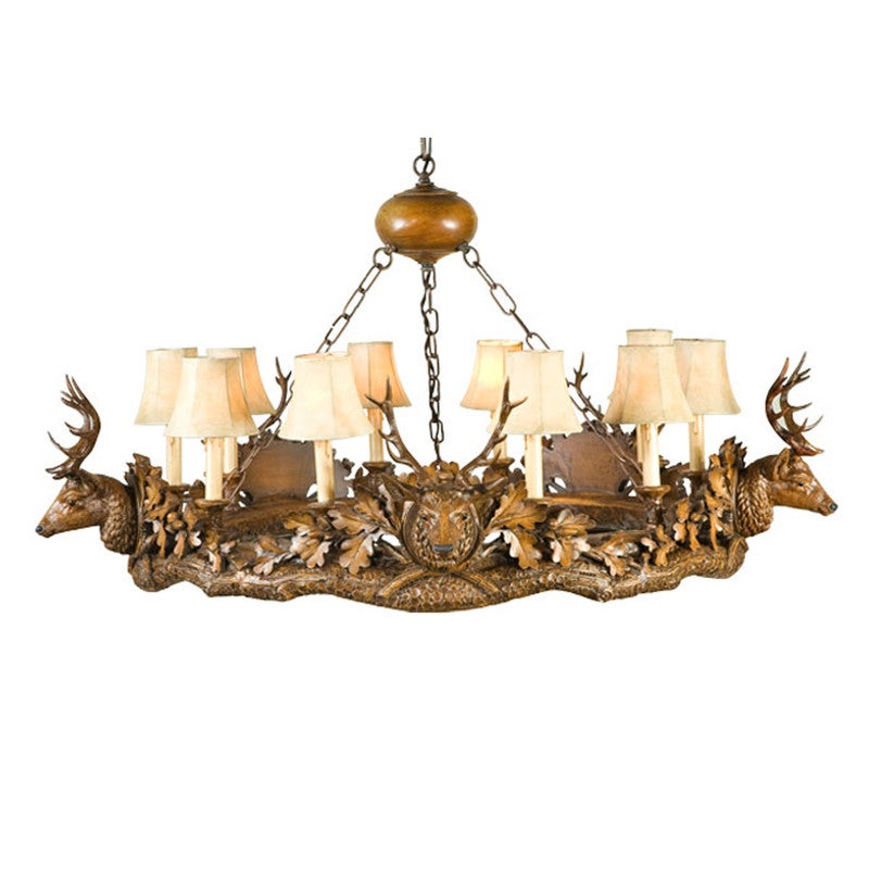 Small Stag Head 10-Light Chandelier - Faux Leather Shades
