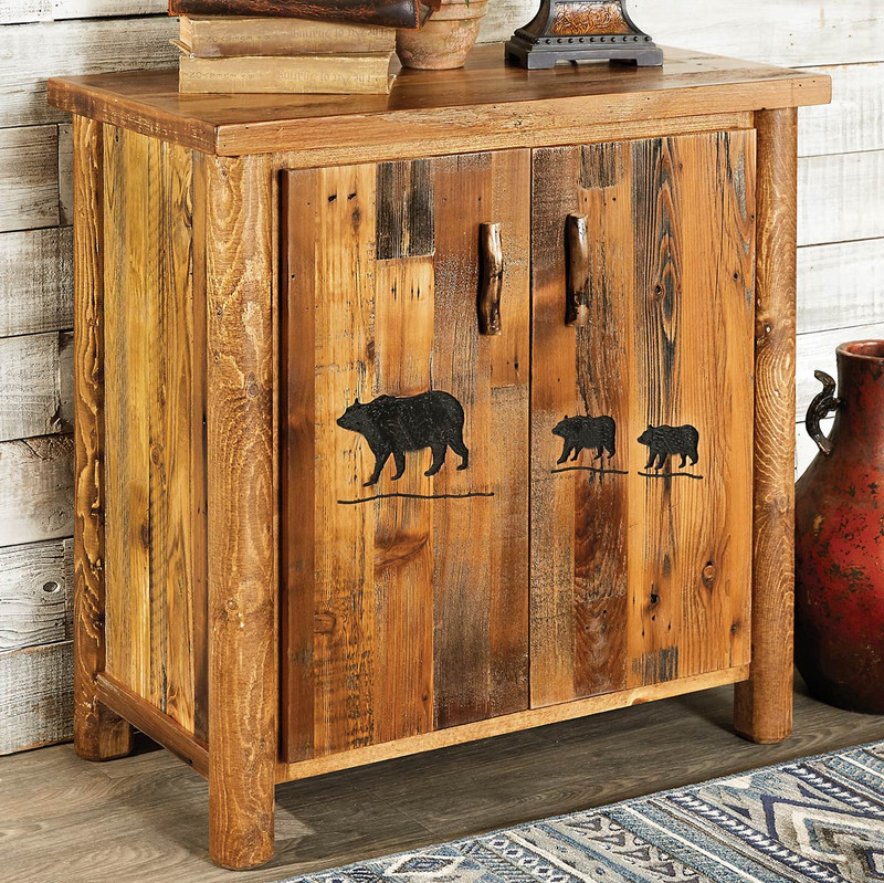 Barnwood 2 Door Cabinet with Bear Carving