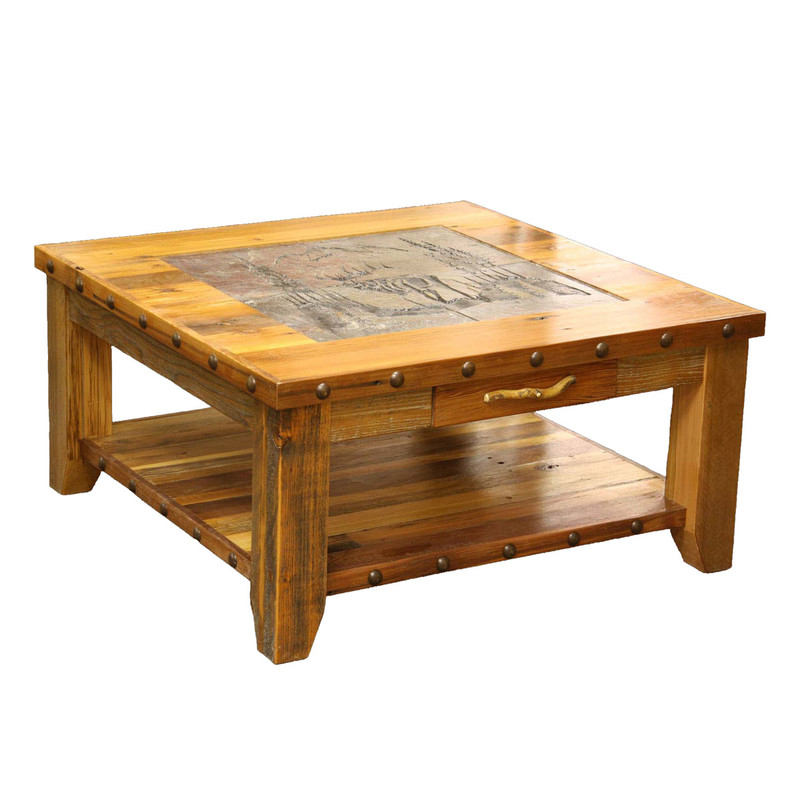 Barnwood Elk Scene Tile Top Coffee Table with Nailheads