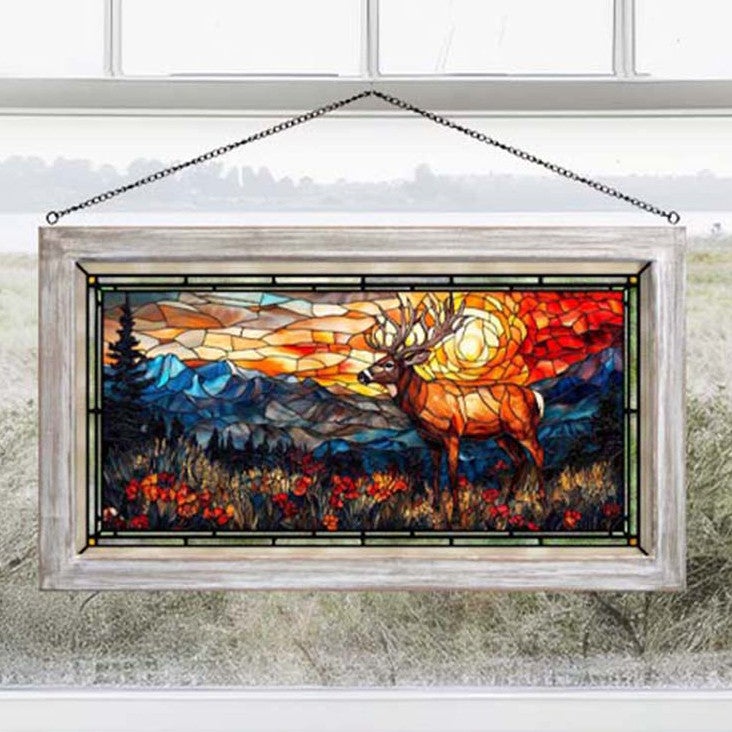 Sunset Ridge Elk Stained Glass Art Black Forest Decor
