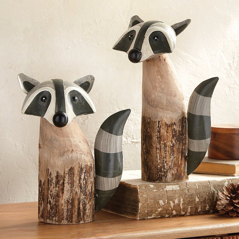 Racoon Carved Wood & Metal Sculptures - Set of 2