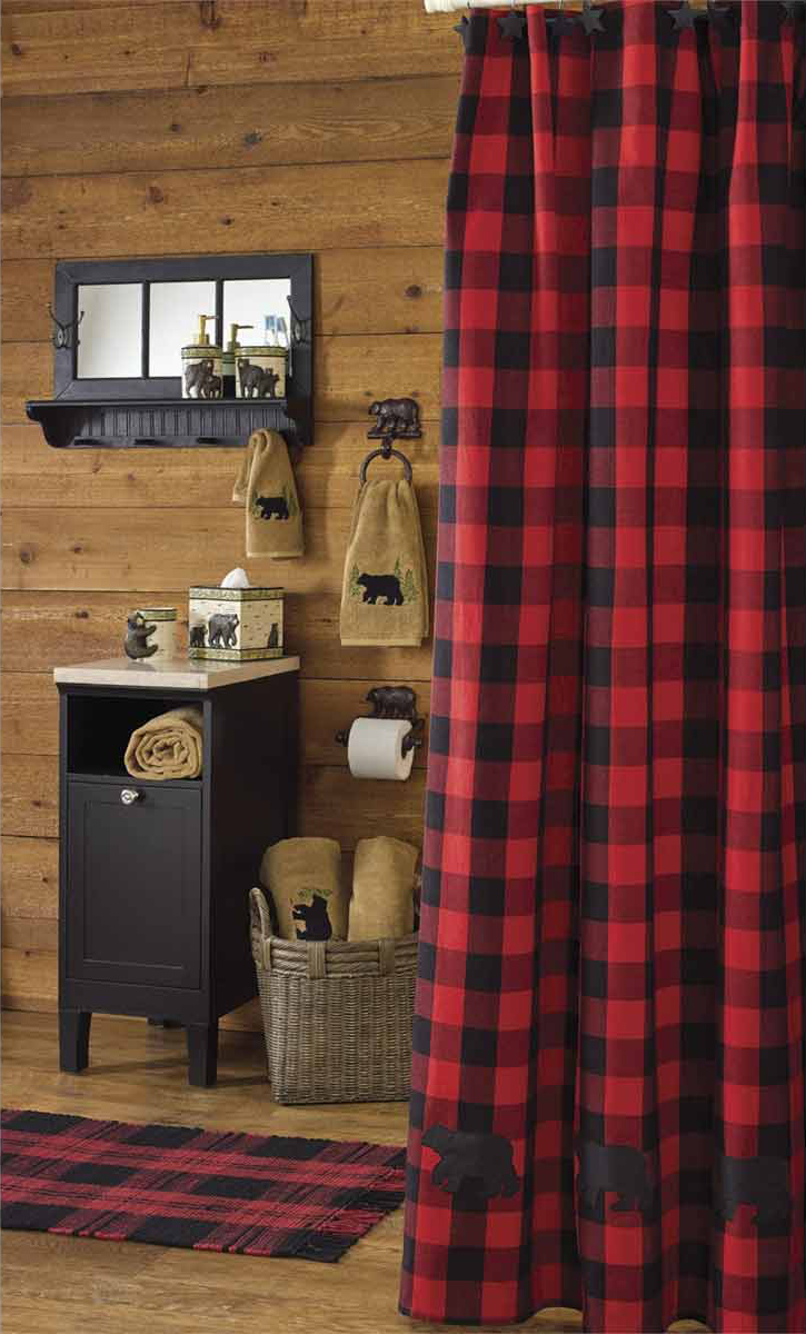 Red Buffalo Check Bear Shower Curtain - Log Cabin Decor from Black Forest Decor, image size:725x1200
