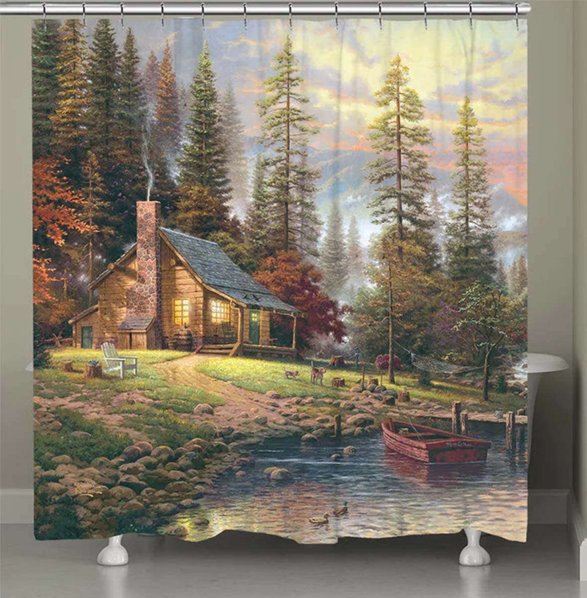 Thomas Kinkade A Peaceful Retreat Shower Curtain | Black Forest Decor, image size:1178x1200