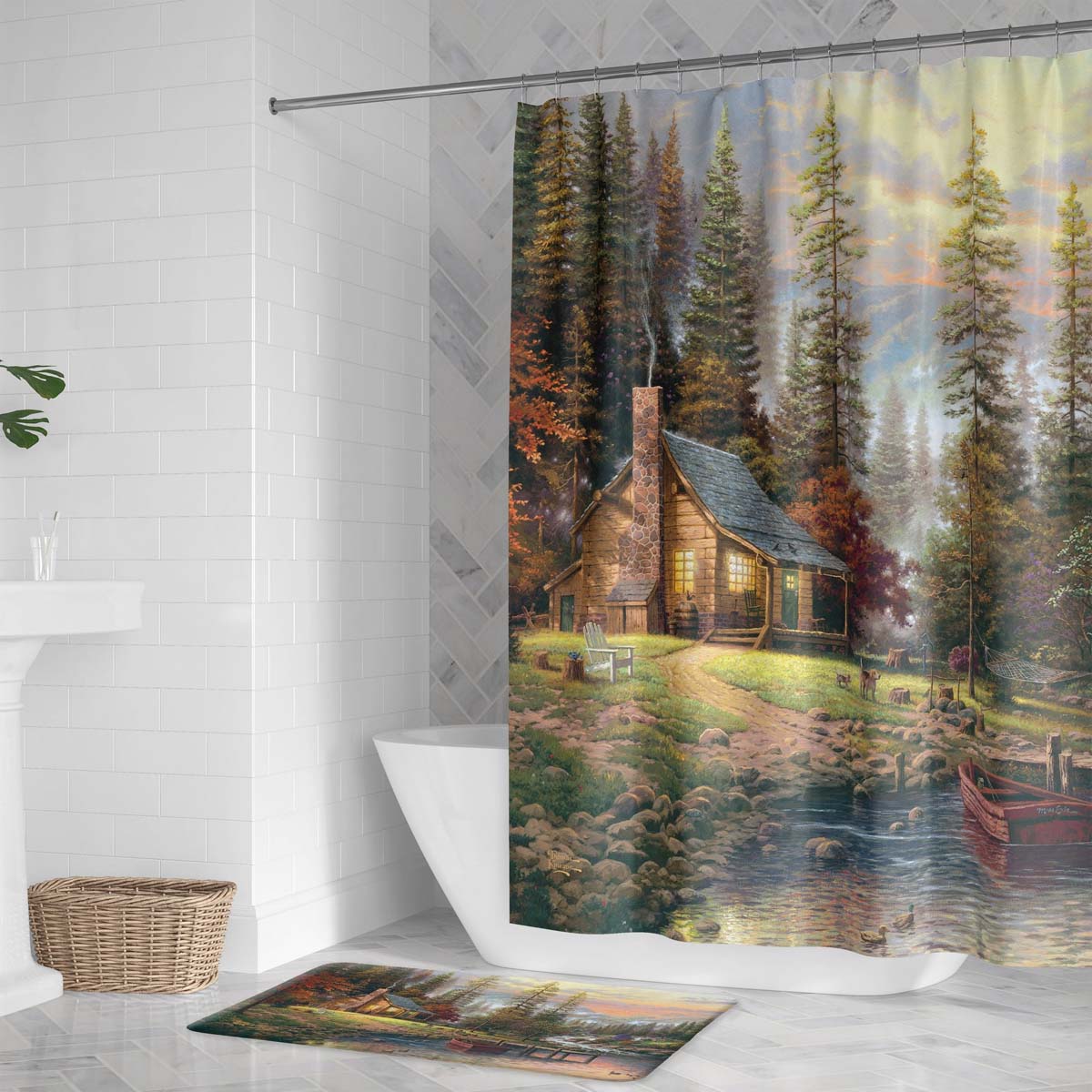 Thomas Kinkade A Peaceful Retreat Shower Curtain | Black Forest Decor, image size:1200x1200